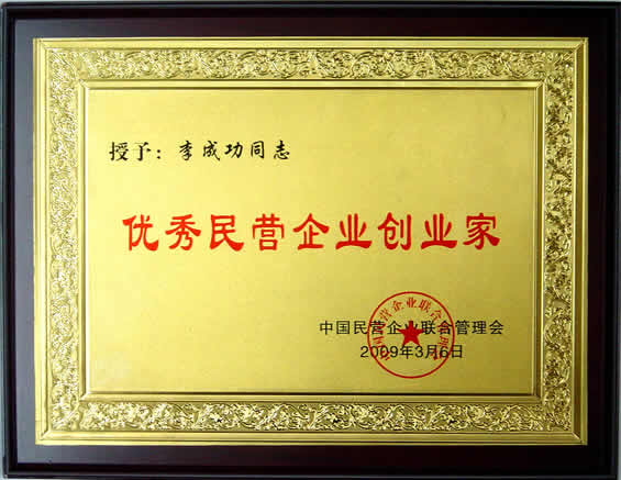 “優(yōu)秀民營企業(yè)創(chuàng)業(yè)家”榮譽(yù)證書